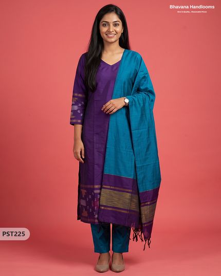 Pochampally Semi Pattu 3PC Kurti Set in Royal Purple Colour | Ready-to-Wear Ethnic Wear
