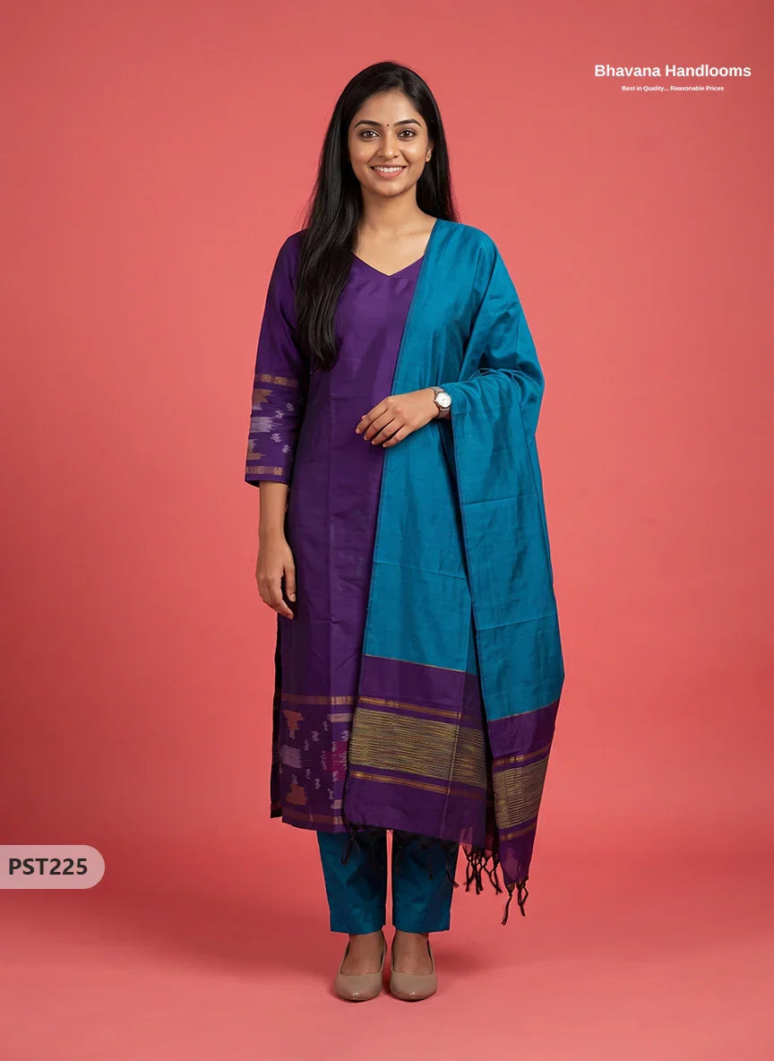 Pochampally Semi Pattu 3PC Kurti Set in Royal Purple Colour | Ready-to-Wear Ethnic Wear