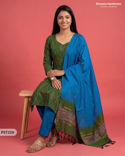 Pochampally Semi Pattu 3PC Kurti Set in Olive Green Colour | Ready-to-Wear Ethnic Wear