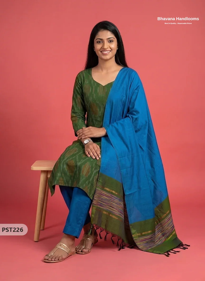 Pochampally Semi Pattu 3PC Kurti Set in Olive Green Colour | Ready-to-Wear Ethnic Wear