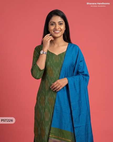 Pochampally Semi Pattu 3PC Kurti Set in Olive Green Colour | Ready-to-Wear Ethnic Wear
