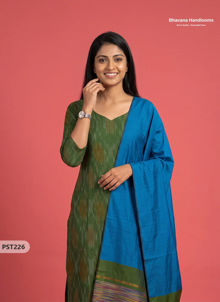 Pochampally Semi Pattu 3PC Kurti Set in Olive Green Colour | Ready-to-Wear Ethnic Wear