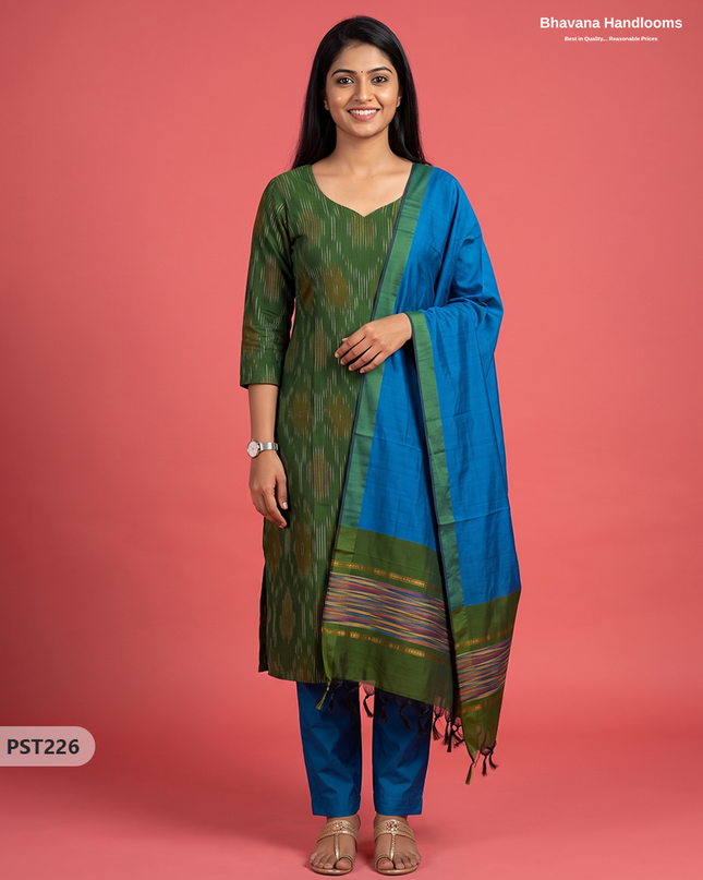 Pochampally Semi Pattu 3PC Kurti Set in Olive Green Colour | Ready-to-Wear Ethnic Wear