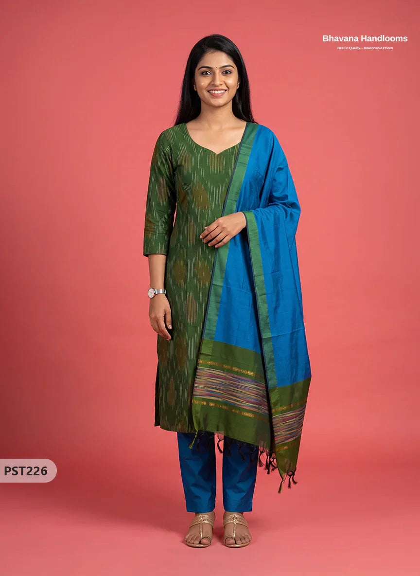 Pochampally Semi Pattu 3PC Kurti Set in Olive Green Colour | Ready-to-Wear Ethnic Wear