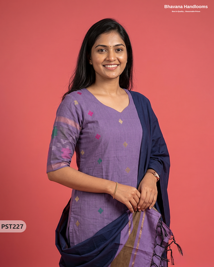 Pochampally Semi Pattu 3PC Kurti Set in Muted Lavender Colour | Ready-to-Wear Ethnic Wear