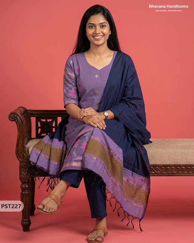 Pochampally Semi Pattu 3PC Kurti Set in Muted Lavender Colour | Ready-to-Wear Ethnic Wear