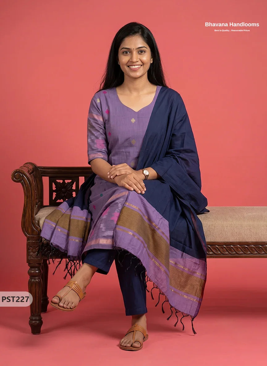 Pochampally Semi Pattu 3PC Kurti Set in Muted Lavender Colour | Ready-to-Wear Ethnic Wear