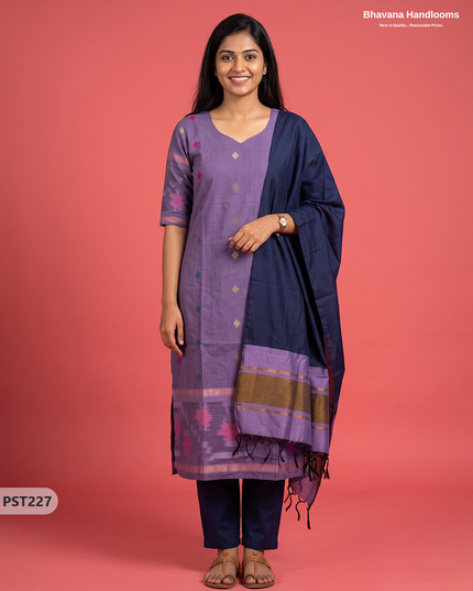 Pochampally Semi Pattu 3PC Kurti Set in Muted Lavender Colour | Ready-to-Wear Ethnic Wear