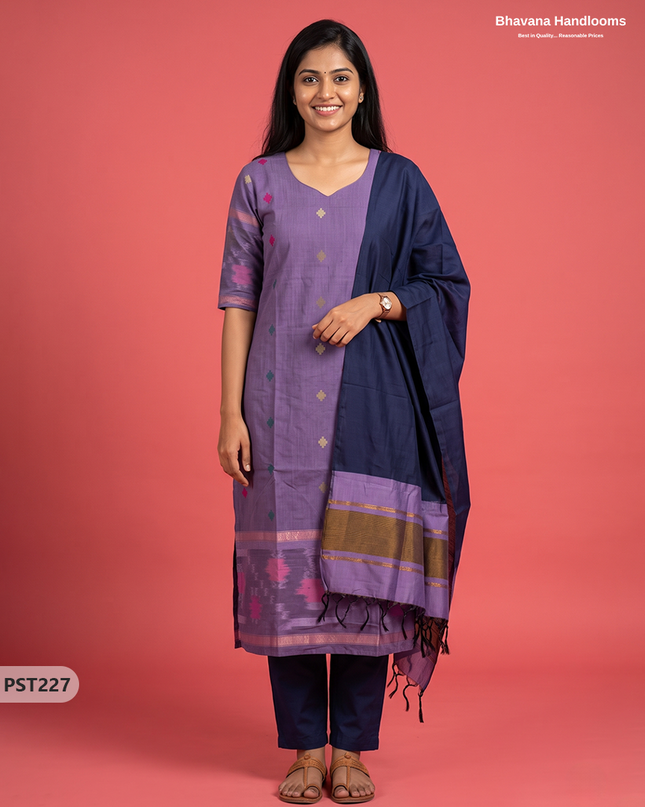 Pochampally Semi Pattu 3PC Kurti Set in Muted Lavender Colour | Ready-to-Wear Ethnic Wear