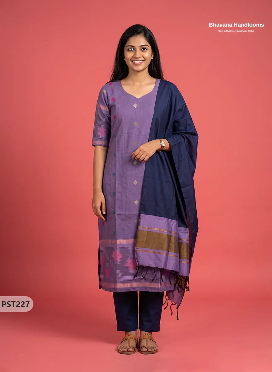 Pochampally Semi Pattu 3PC Kurti Set in Muted Lavender Colour | Ready-to-Wear Ethnic Wear