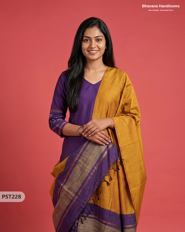 Pochampally Semi Pattu 3PC Kurti Set in Deep Violet Colour | Ready-to-Wear Ethnic Wear