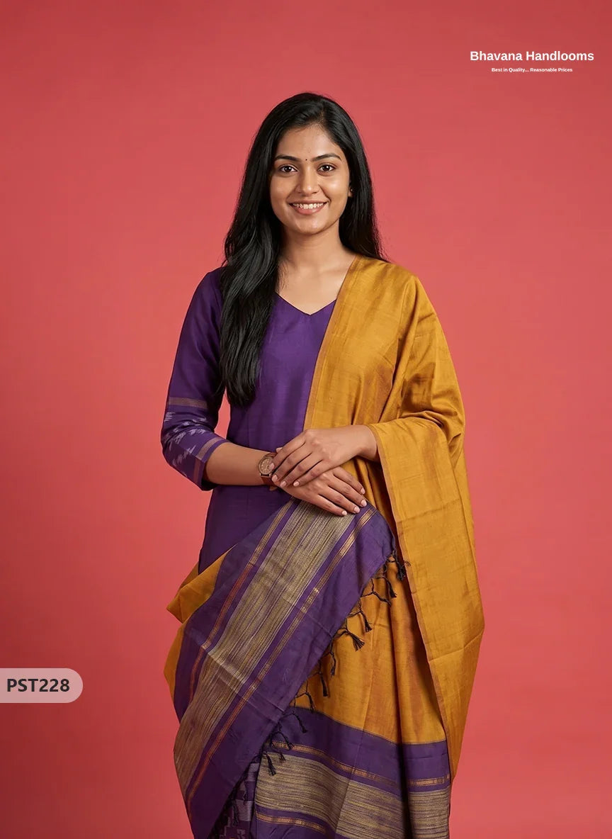 Pochampally Semi Pattu 3PC Kurti Set in Deep Violet Colour | Ready-to-Wear Ethnic Wear