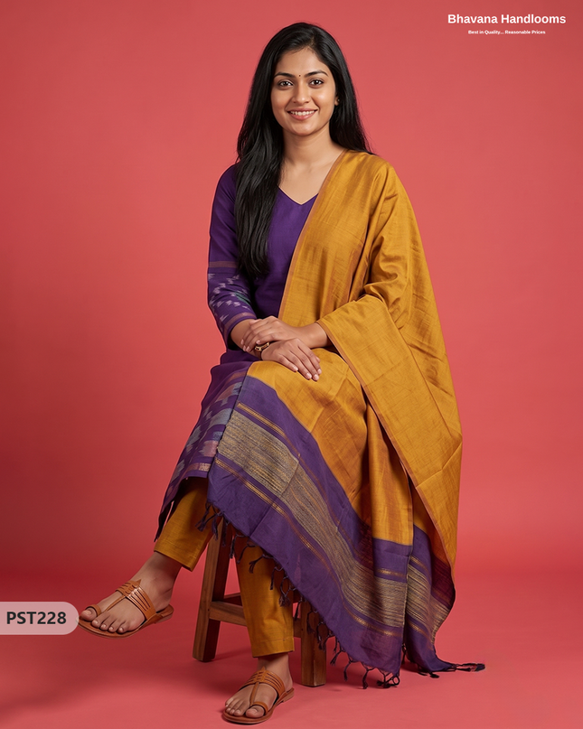 Pochampally Semi Pattu 3PC Kurti Set in Deep Violet Colour | Ready-to-Wear Ethnic Wear