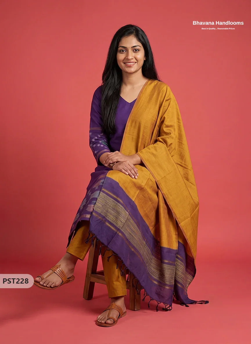 Pochampally Semi Pattu 3PC Kurti Set in Deep Violet Colour | Ready-to-Wear Ethnic Wear