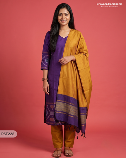 Pochampally Semi Pattu 3PC Kurti Set in Deep Violet Colour | Ready-to-Wear Ethnic Wear