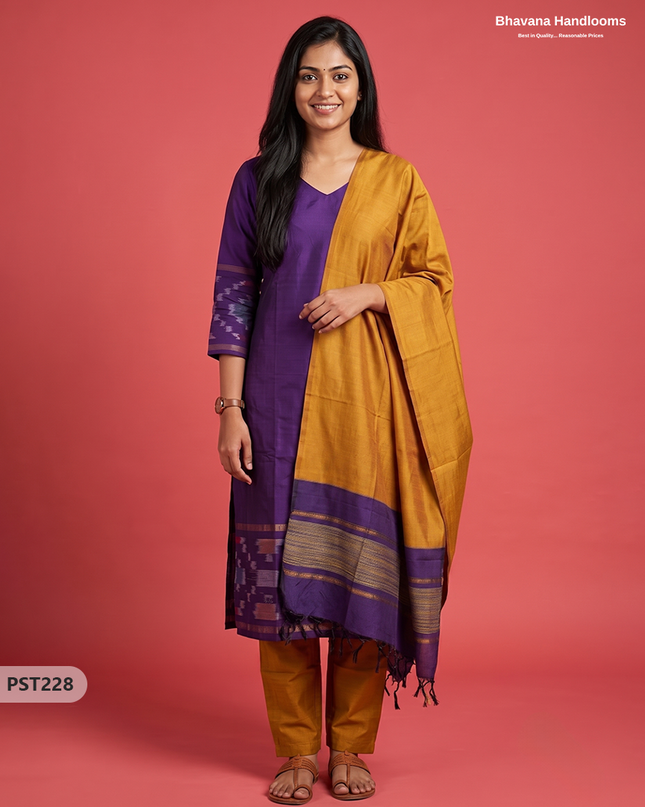 Pochampally Semi Pattu 3PC Kurti Set in Deep Violet Colour | Ready-to-Wear Ethnic Wear