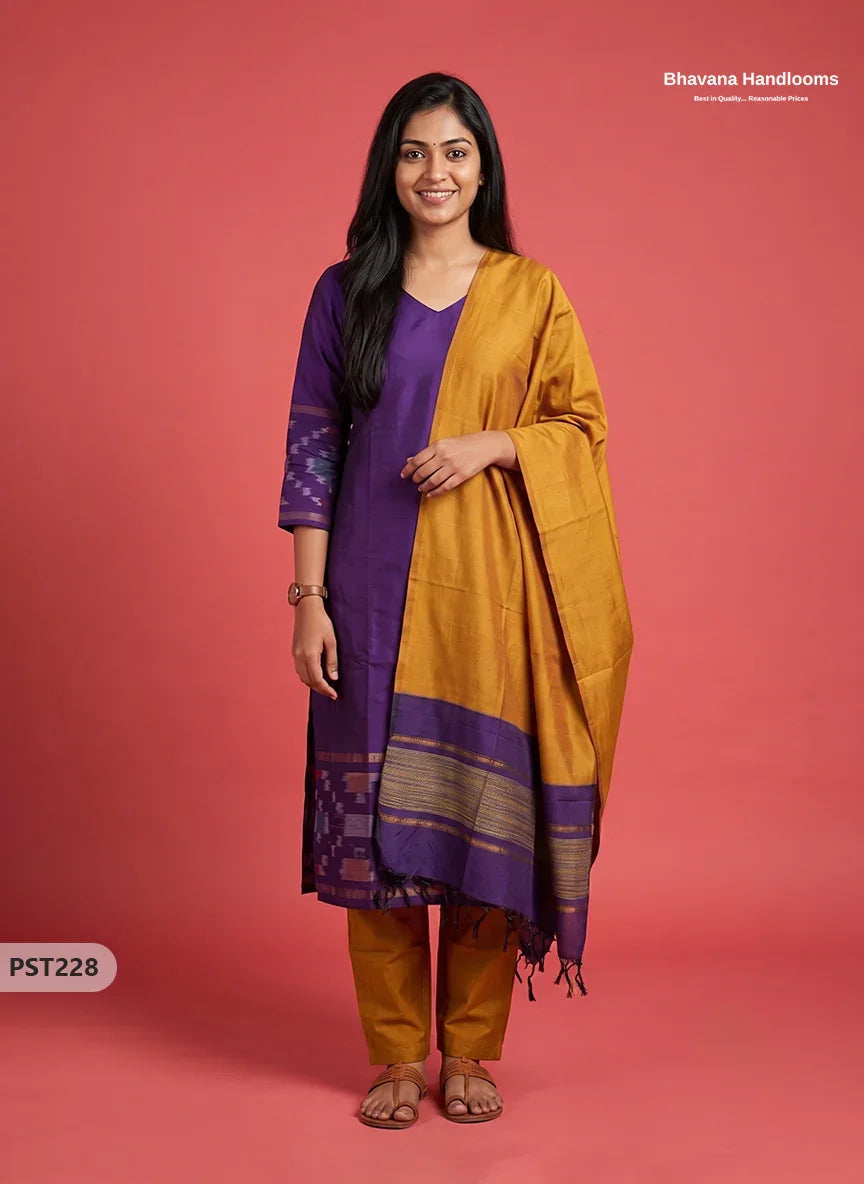 Pochampally Semi Pattu 3PC Kurti Set in Deep Violet Colour | Ready-to-Wear Ethnic Wear
