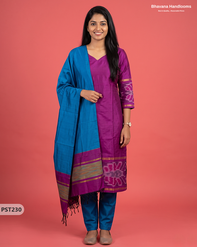 Pochampally Semi Pattu 3PC Kurti Set in Magenta Colour | Ready-to-Wear Ethnic Wear