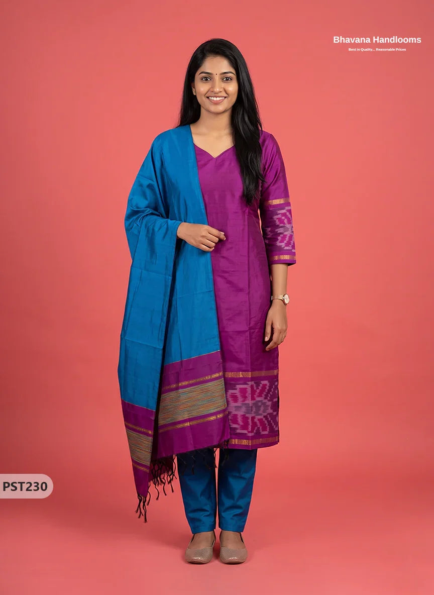 Pochampally Semi Pattu 3PC Kurti Set in Magenta Colour | Ready-to-Wear Ethnic Wear