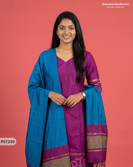 Pochampally Semi Pattu 3PC Kurti Set in Magenta Colour | Ready-to-Wear Ethnic Wear