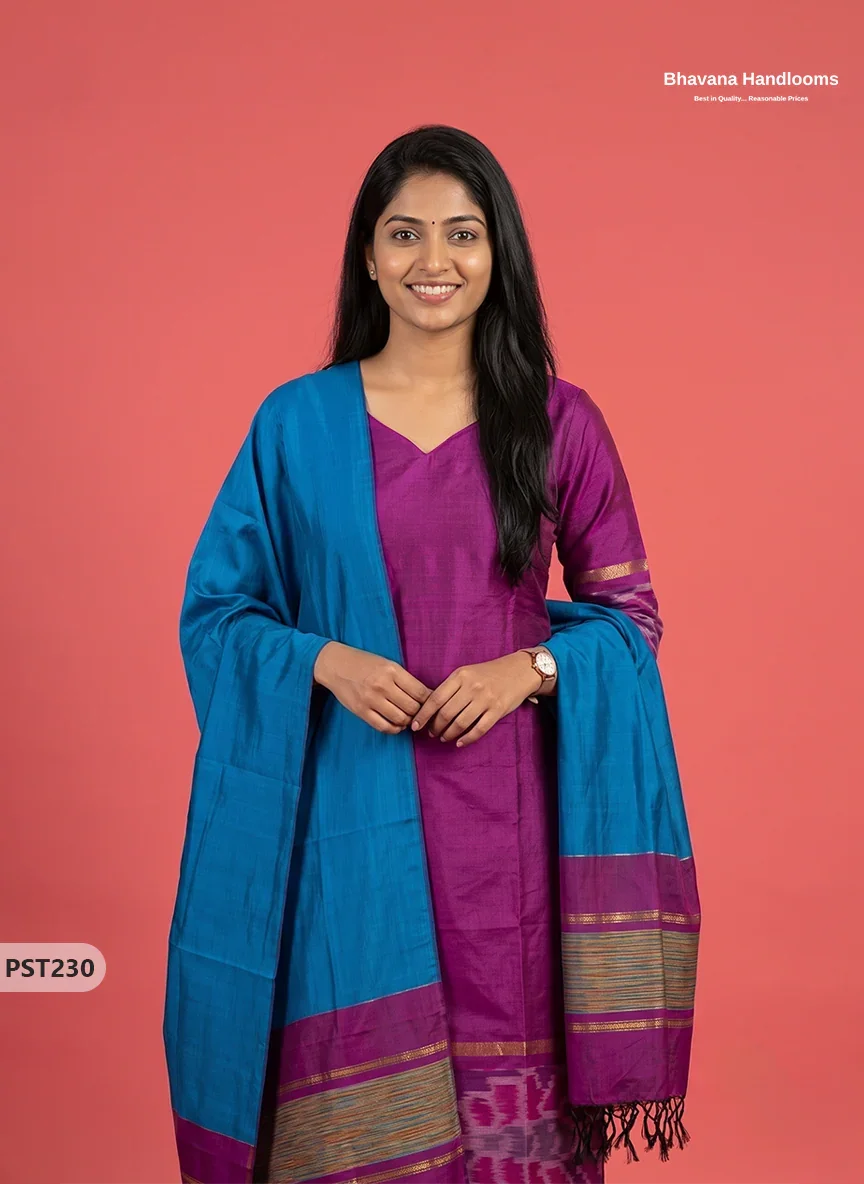 Pochampally Semi Pattu 3PC Kurti Set in Magenta Colour | Ready-to-Wear Ethnic Wear