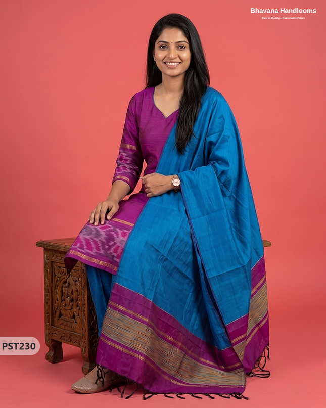 Pochampally Semi Pattu 3PC Kurti Set in Magenta Colour | Ready-to-Wear Ethnic Wear