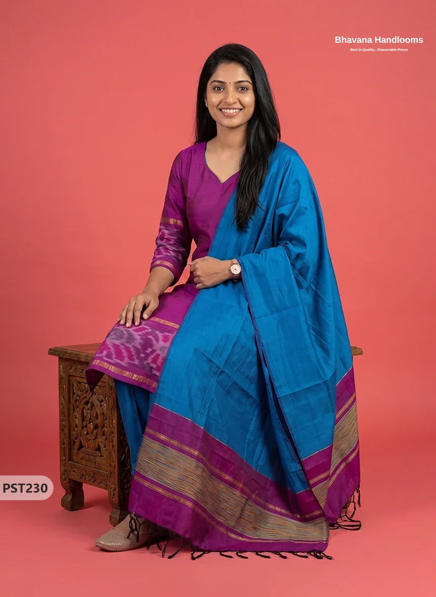 Pochampally Semi Pattu 3PC Kurti Set in Magenta Colour | Ready-to-Wear Ethnic Wear