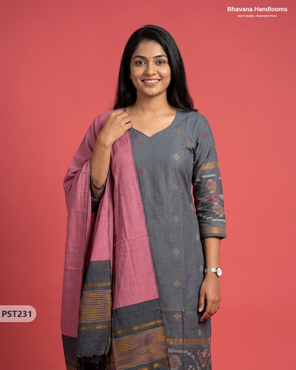 Pochampally Semi Pattu 3PC Kurti Set in Slate Grey Colour | Ready-to-Wear Ethnic Wear