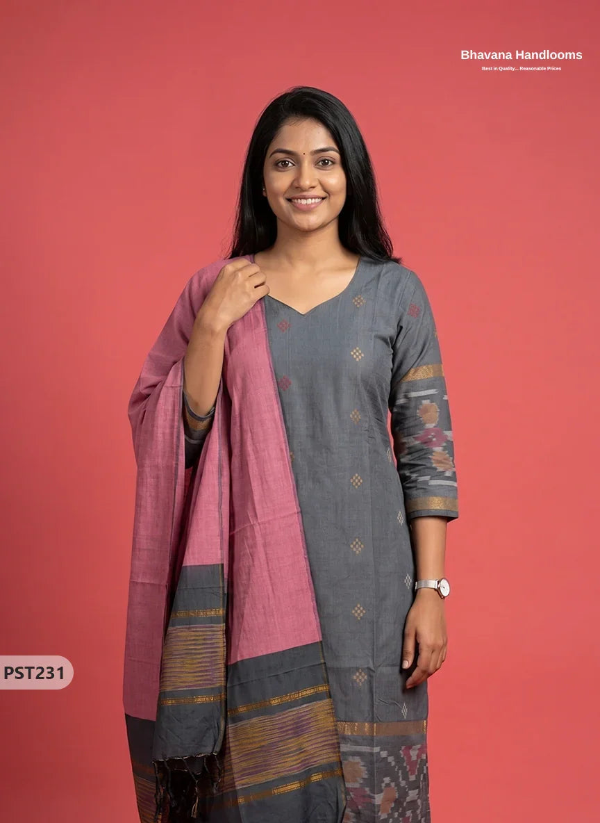 Pochampally Semi Pattu 3PC Kurti Set in Slate Grey Colour | Ready-to-Wear Ethnic Wear