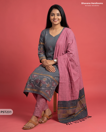 Pochampally Semi Pattu 3PC Kurti Set in Slate Grey Colour | Ready-to-Wear Ethnic Wear