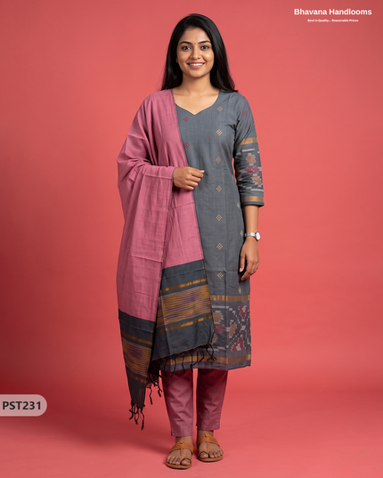 Pochampally Semi Pattu 3PC Kurti Set in Slate Grey Colour | Ready-to-Wear Ethnic Wear