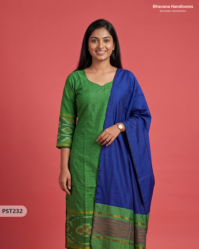 Pochampally Semi Pattu 3PC Kurti Set in Leaf Green Colour | Ready-to-Wear Ethnic Wear