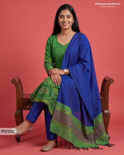 Pochampally Semi Pattu 3PC Kurti Set in Leaf Green Colour | Ready-to-Wear Ethnic Wear