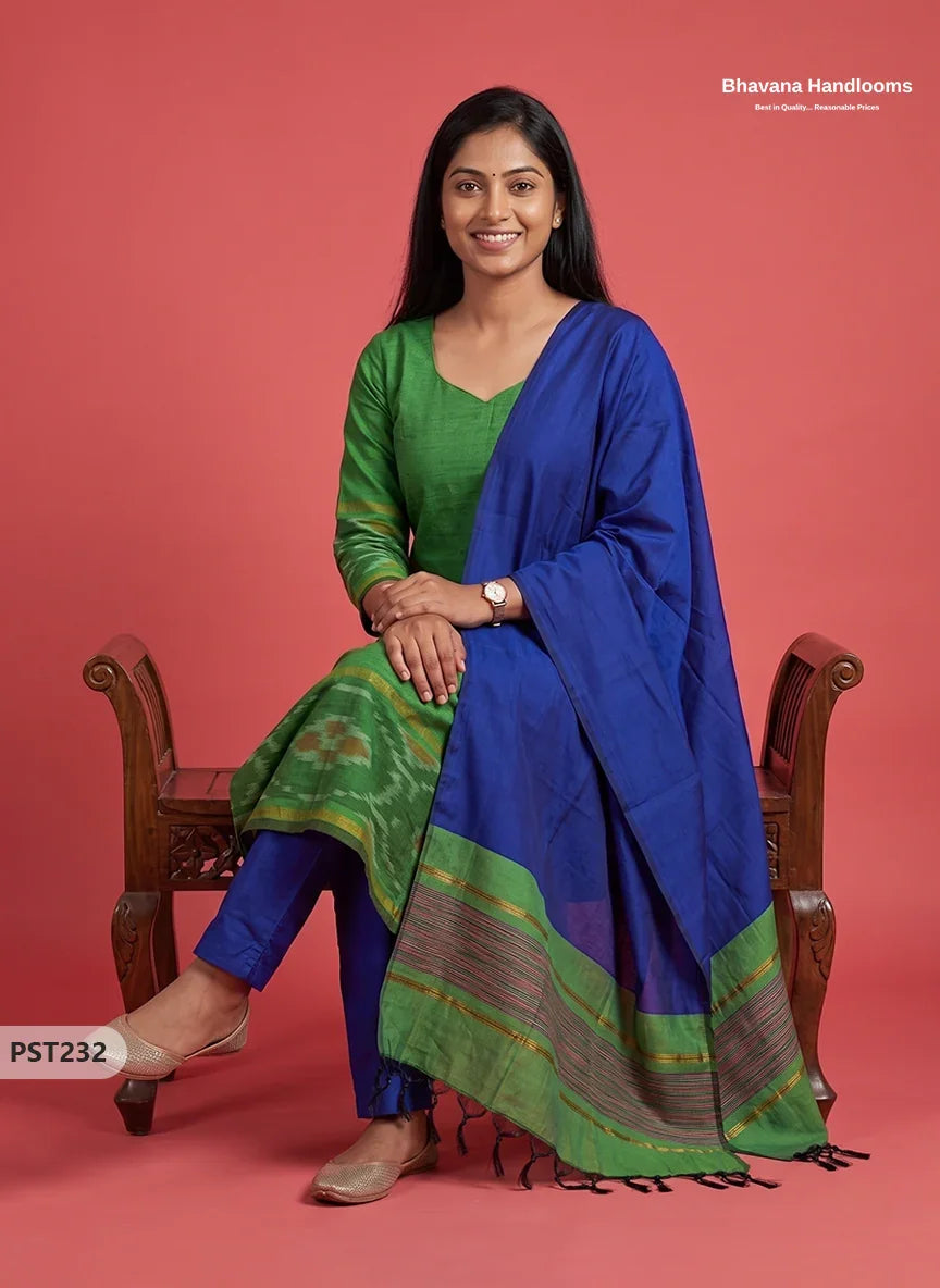 Pochampally Semi Pattu 3PC Kurti Set in Leaf Green Colour | Ready-to-Wear Ethnic Wear