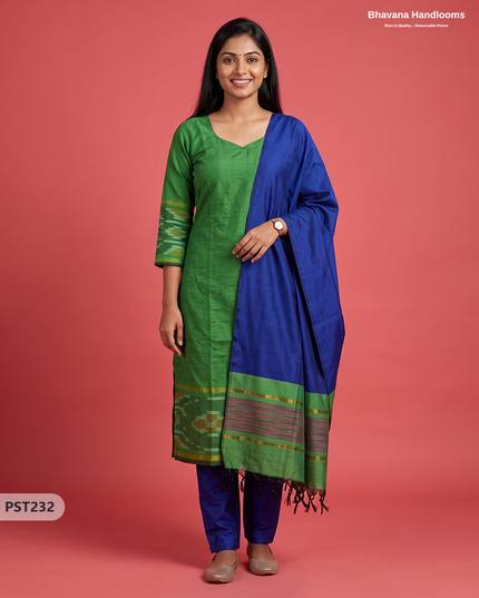 Pochampally Semi Pattu 3PC Kurti Set in Leaf Green Colour | Ready-to-Wear Ethnic Wear