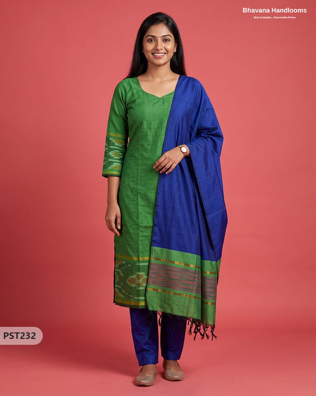 Pochampally Semi Pattu 3PC Kurti Set in Leaf Green Colour | Ready-to-Wear Ethnic Wear
