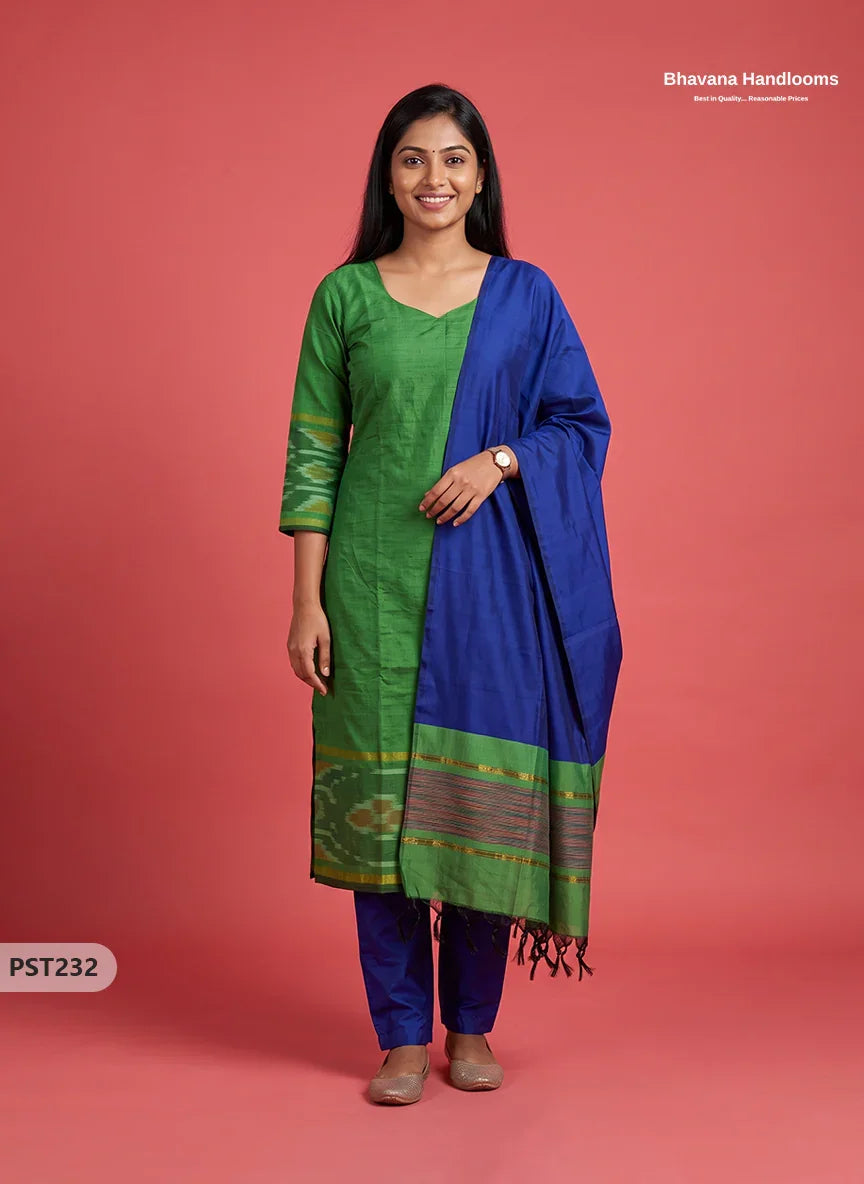Pochampally Semi Pattu 3PC Kurti Set in Leaf Green Colour | Ready-to-Wear Ethnic Wear