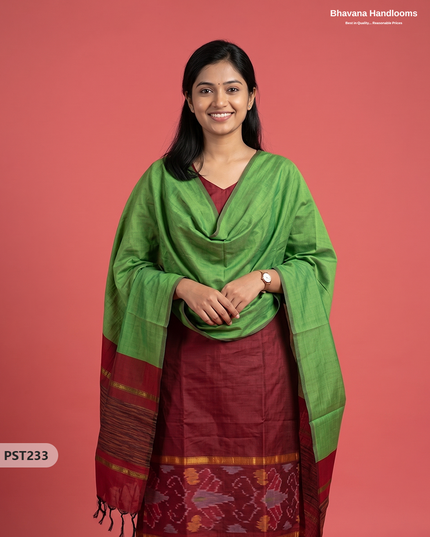 Pochampally Semi Pattu 3PC Kurti Set in Brick Maroon Colour | Ready-to-Wear Ethnic Wear