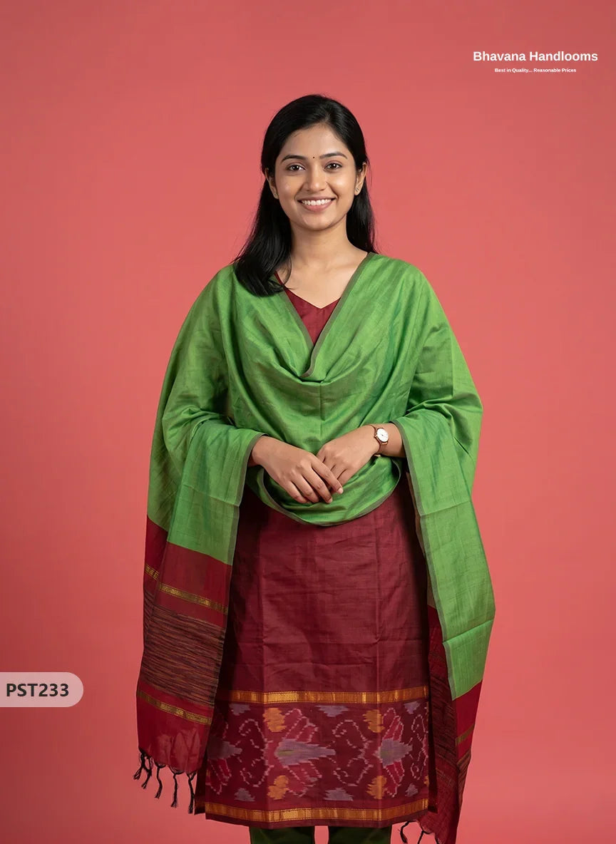 Pochampally Semi Pattu 3PC Kurti Set in Brick Maroon Colour | Ready-to-Wear Ethnic Wear