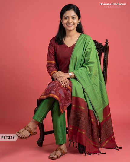 Pochampally Semi Pattu 3PC Kurti Set in Brick Maroon Colour | Ready-to-Wear Ethnic Wear