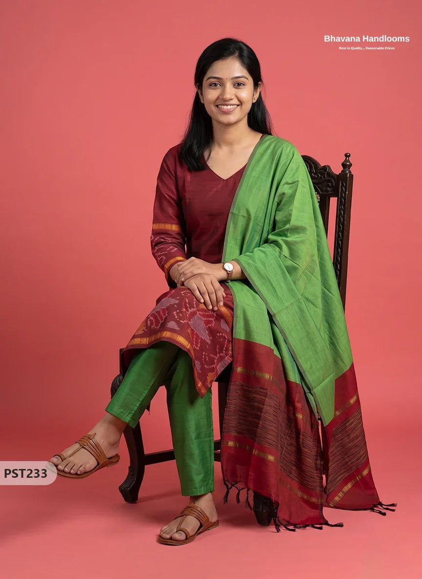 Pochampally Semi Pattu 3PC Kurti Set in Brick Maroon Colour | Ready-to-Wear Ethnic Wear