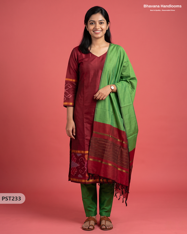 Pochampally Semi Pattu 3PC Kurti Set in Brick Maroon Colour | Ready-to-Wear Ethnic Wear