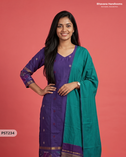 Pochampally Semi Pattu 3PC Kurti Set in Royal Purple Colour | Ready-to-Wear Ethnic Wear