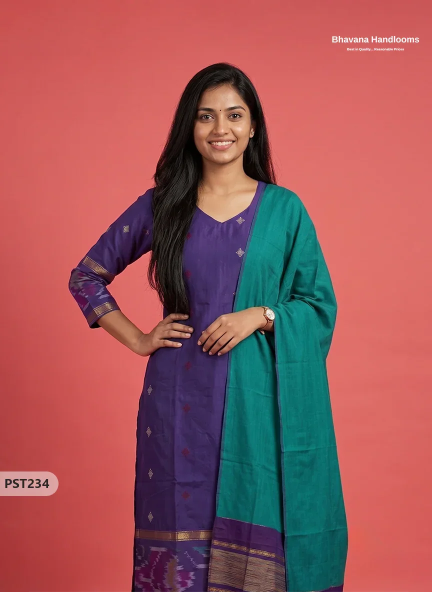 Pochampally Semi Pattu 3PC Kurti Set in Royal Purple Colour | Ready-to-Wear Ethnic Wear