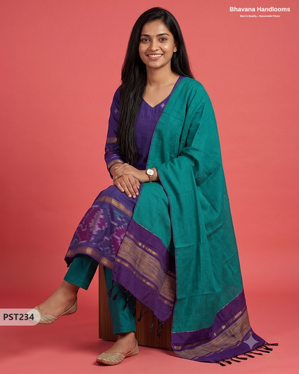 Pochampally Semi Pattu 3PC Kurti Set in Royal Purple Colour | Ready-to-Wear Ethnic Wear