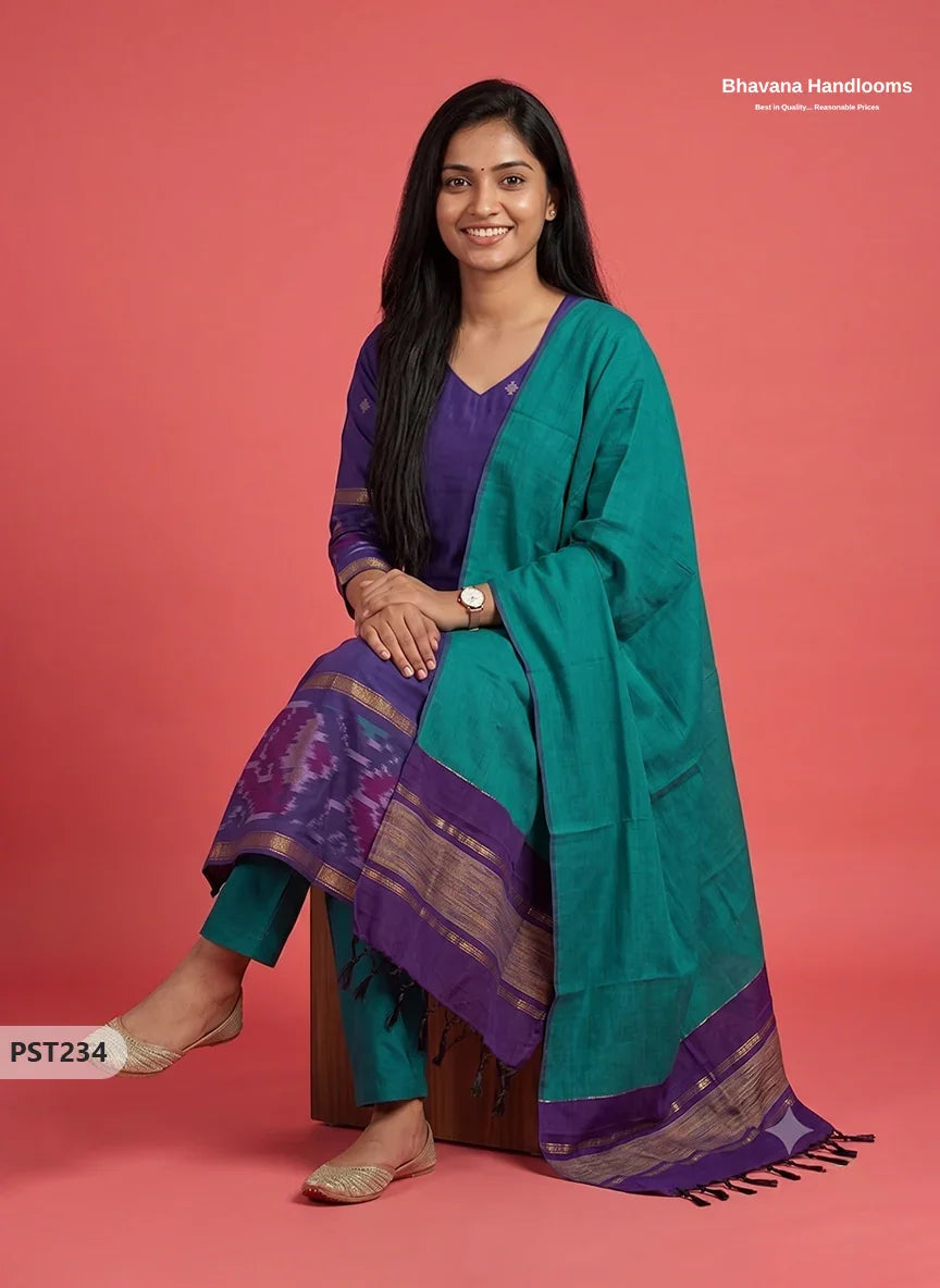 Pochampally Semi Pattu 3PC Kurti Set in Royal Purple Colour | Ready-to-Wear Ethnic Wear