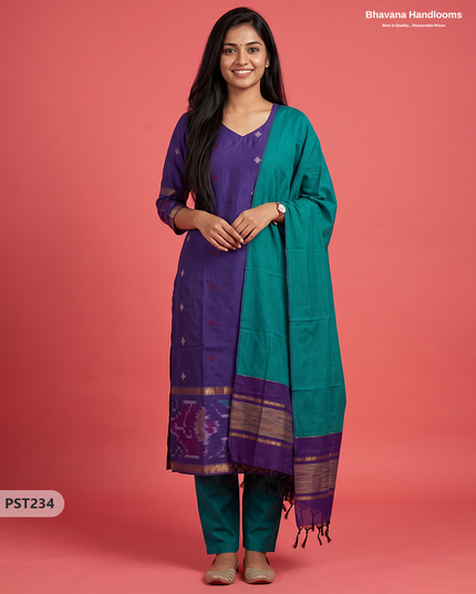 Pochampally Semi Pattu 3PC Kurti Set in Royal Purple Colour | Ready-to-Wear Ethnic Wear