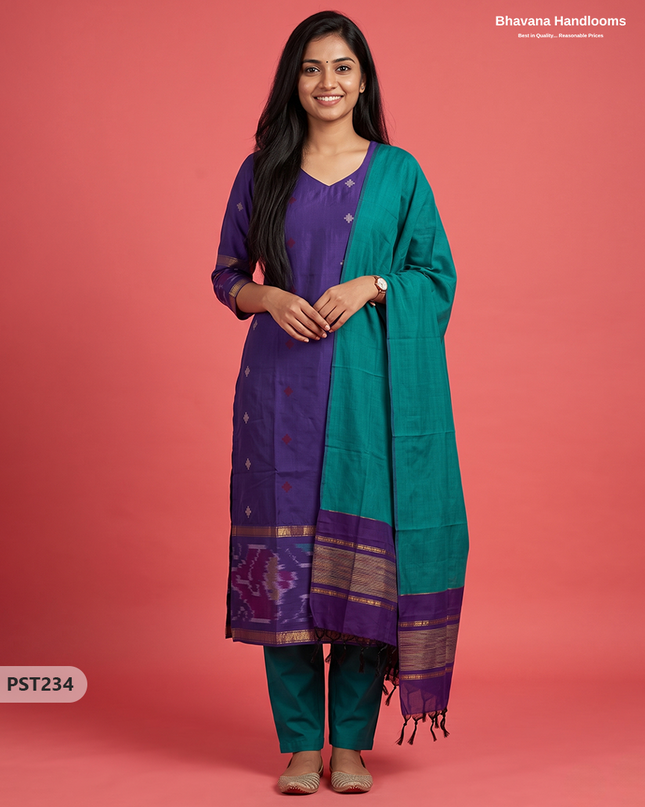 Pochampally Semi Pattu 3PC Kurti Set in Royal Purple Colour | Ready-to-Wear Ethnic Wear