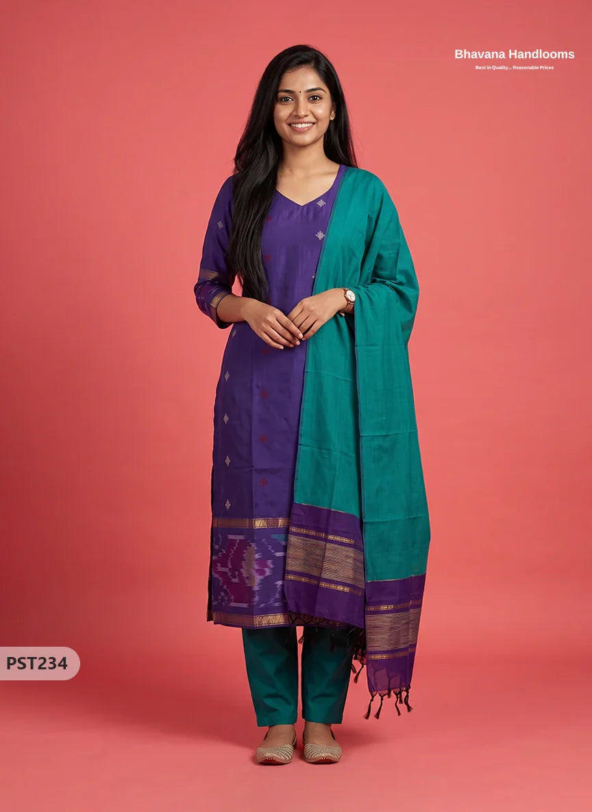 Pochampally Semi Pattu 3PC Kurti Set in Royal Purple Colour | Ready-to-Wear Ethnic Wear
