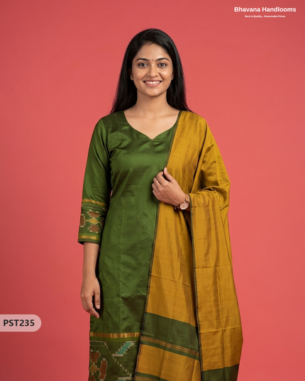 Pochampally Semi Pattu 3PC Kurti Set in Olive Green Colour | Ready-to-Wear Ethnic Wear